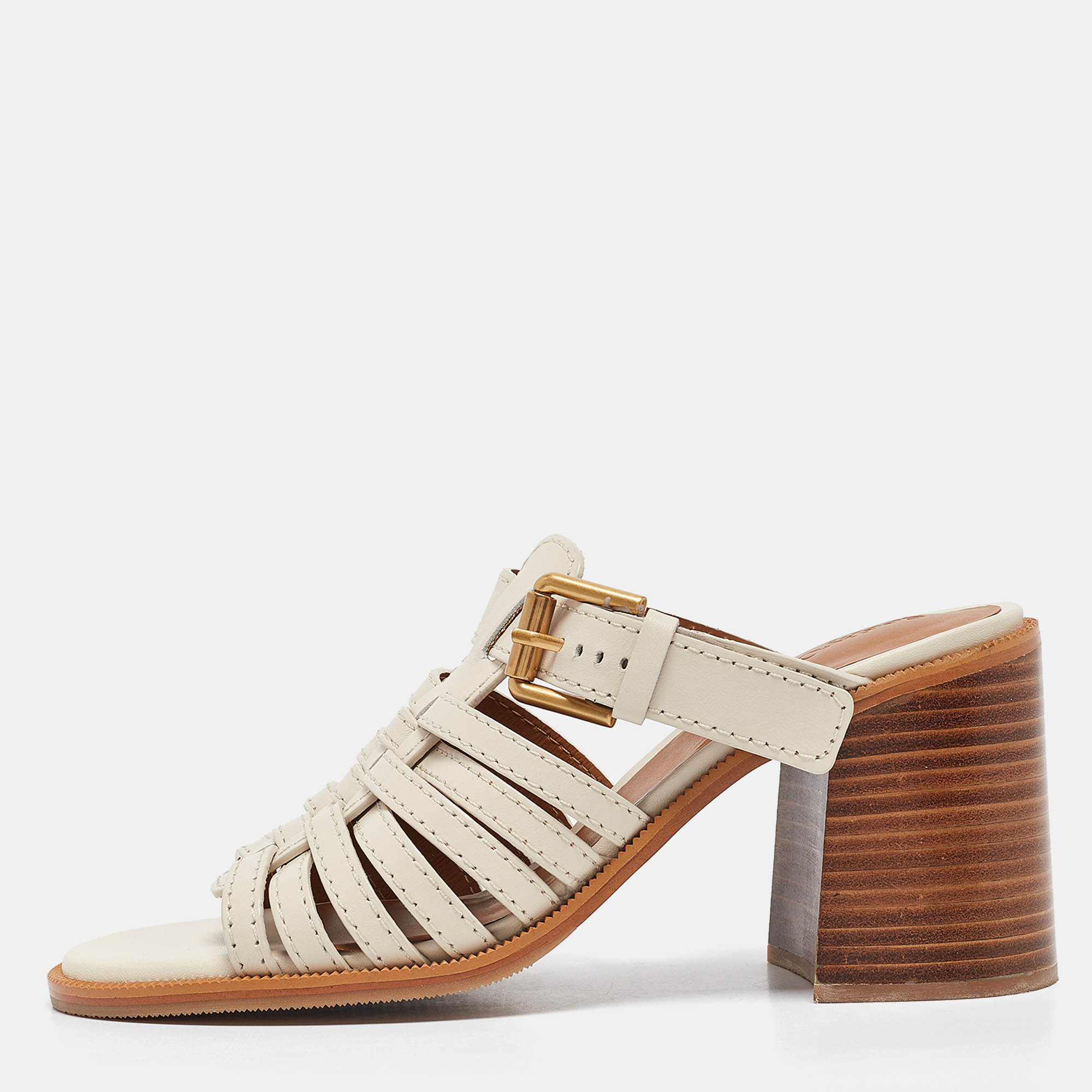 

See by Chloe Cream Leather Slide Sandals Size