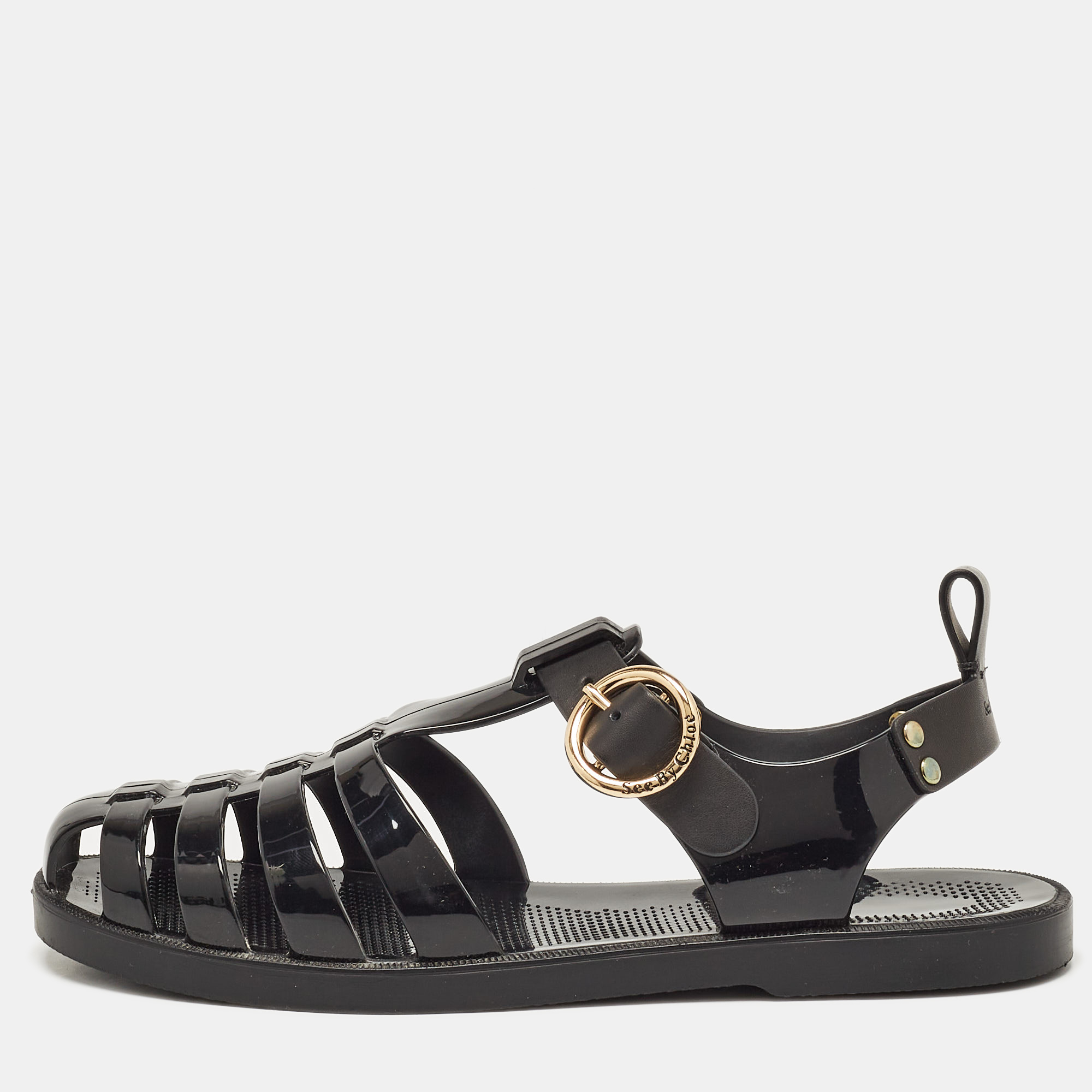 

See by Chloe Black Rubber Flora Sandals Size