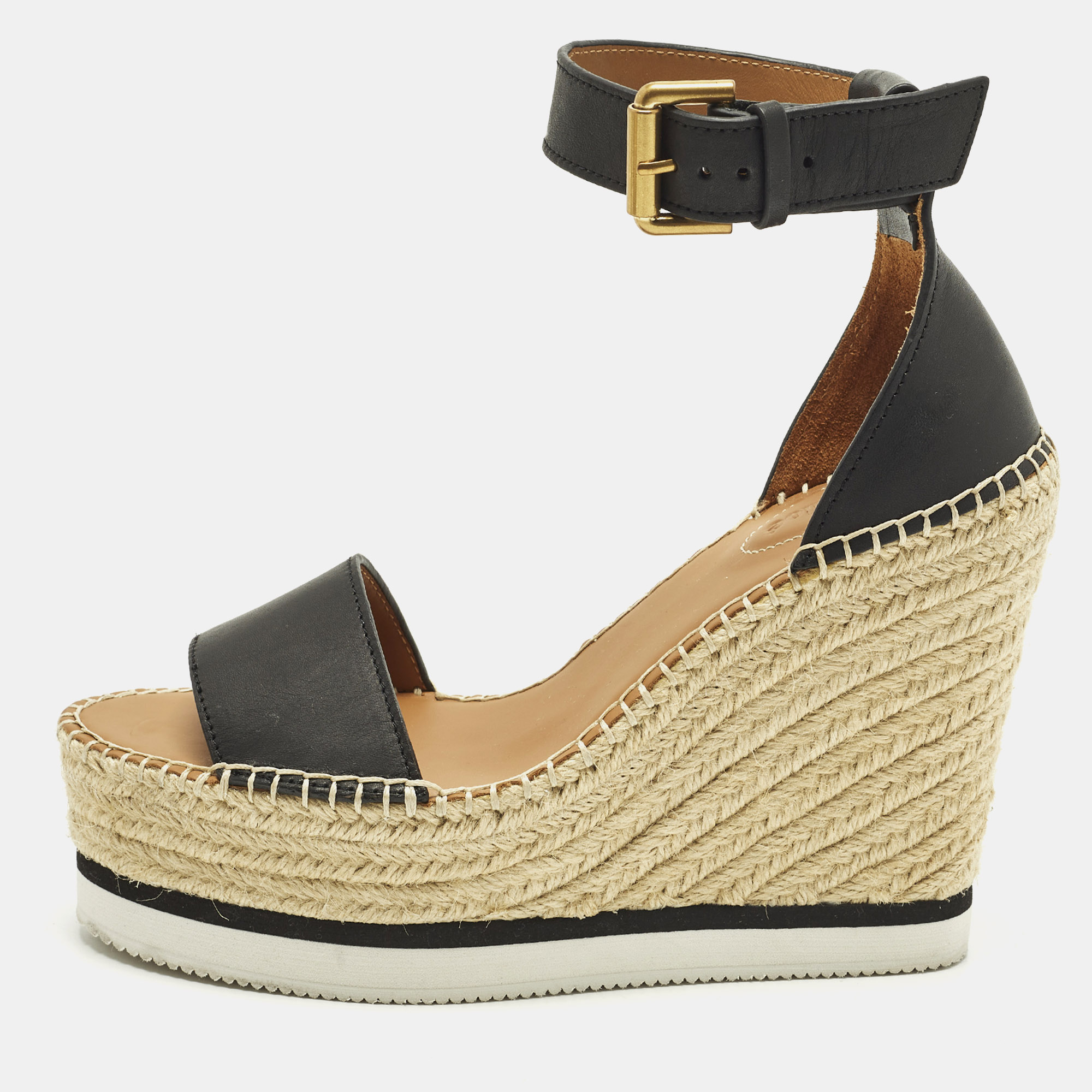 

See by Chloe Glyn Size  Black Leather Wedge Ankle Strap Espadrille Sandals