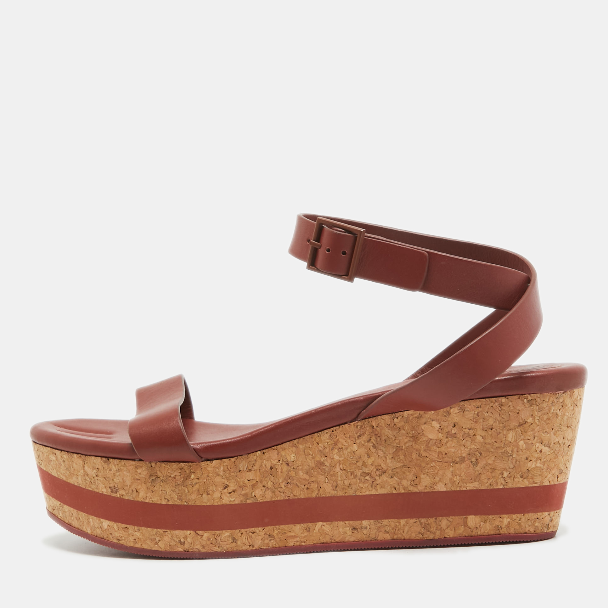 

See by Chloe Brown Leather Cork Wedge Platform Ankle Strap Sandals Size