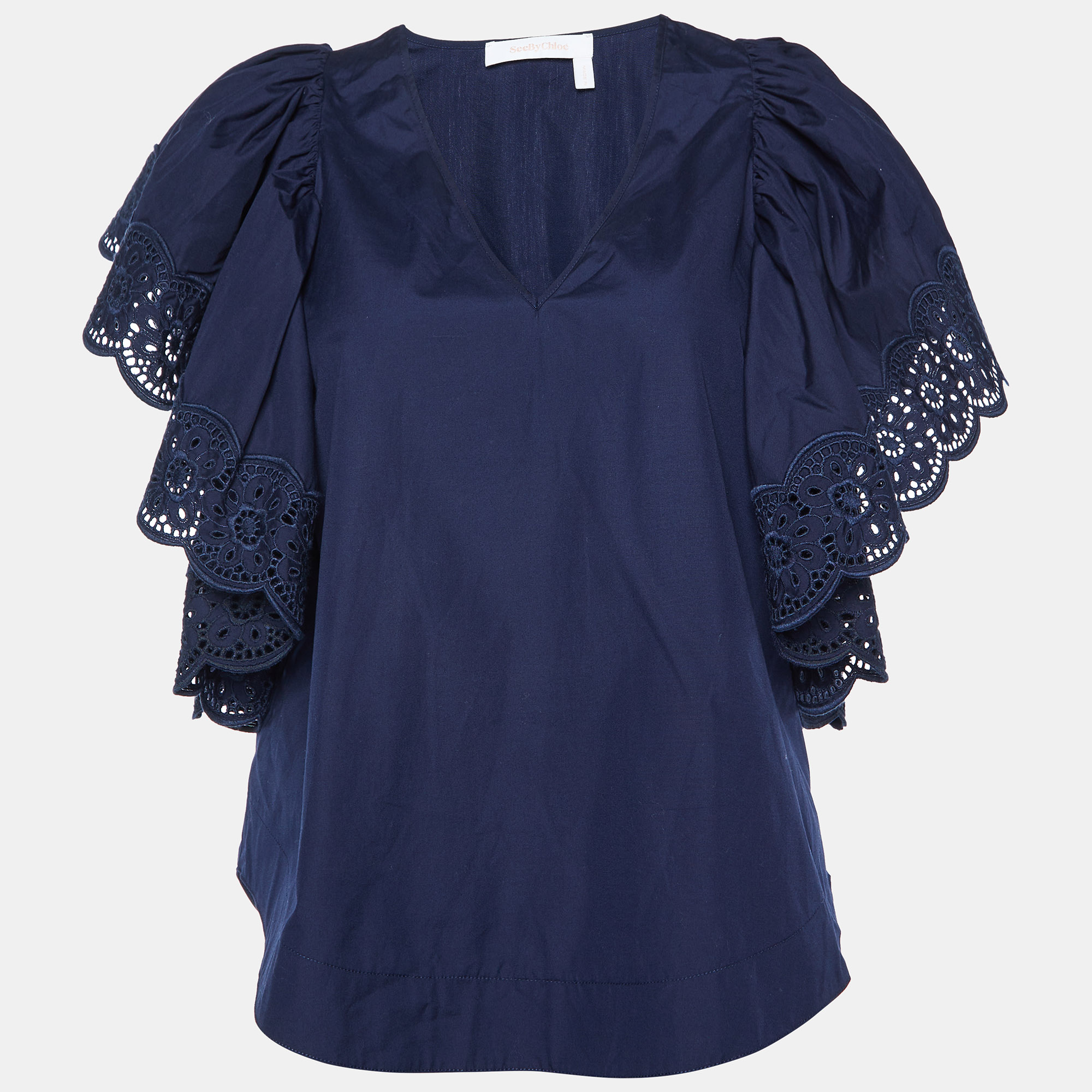 

See by Chloe Blue Cotton Lace Trim Flared Sleeves Top S, Navy blue
