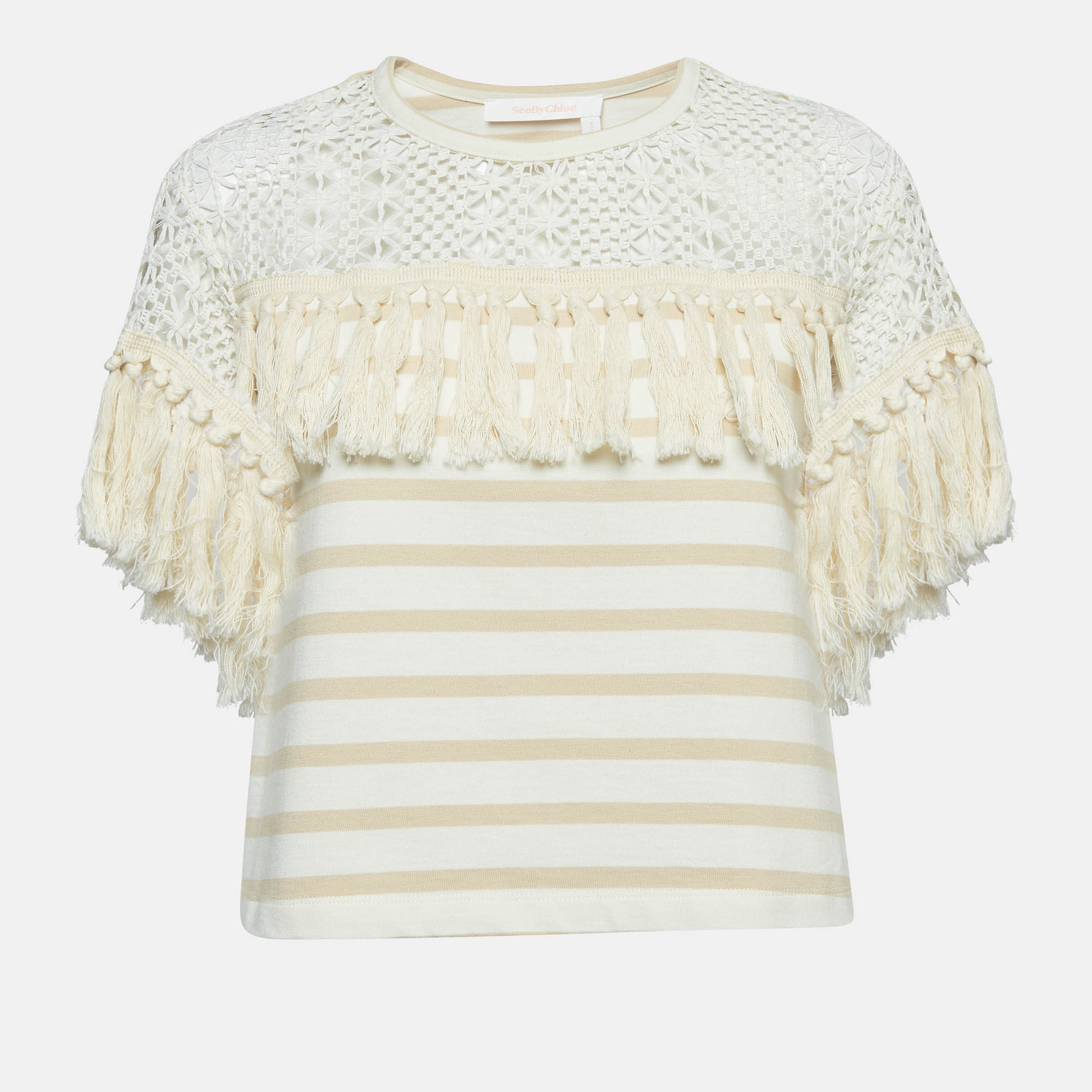 

See by Chloe Beige Crochet Trim Stripe Cotton T-Shirt XS