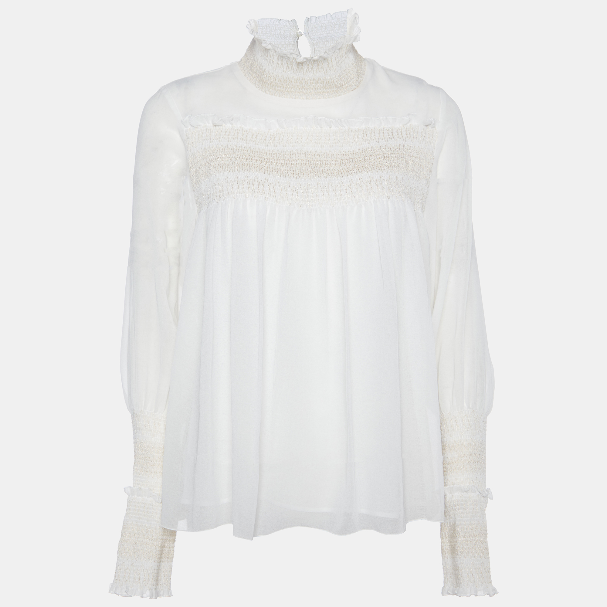

See by Chloe Natural White Sheer Crepe Smocked Blouse S