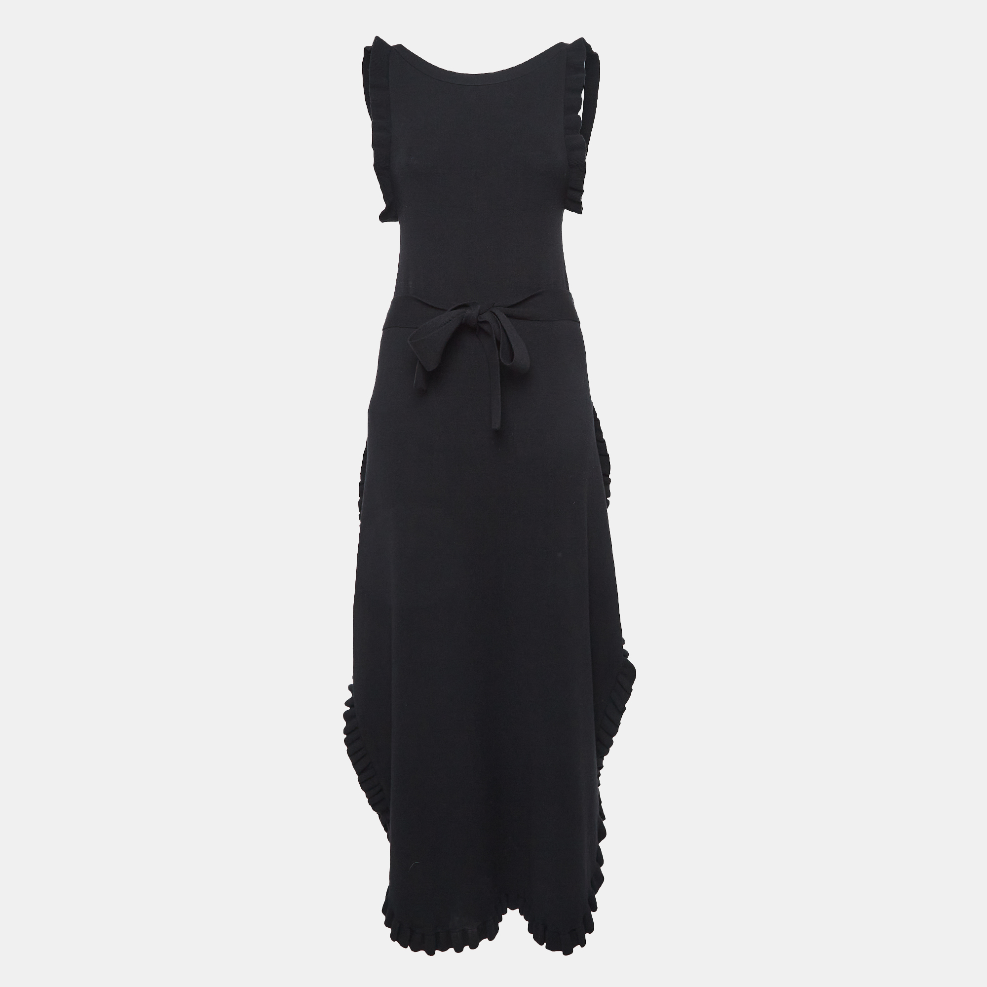 

See by Chloe Black Rib Stretch Knit Ruffled Midi Dress M