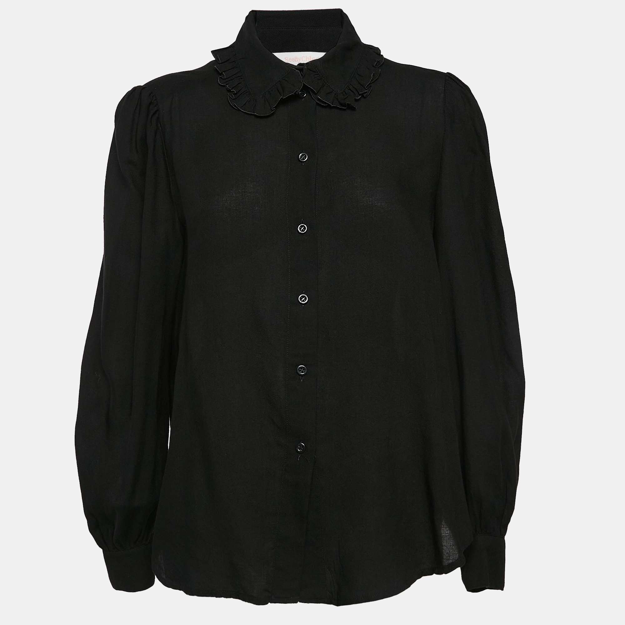 

See by Chloe Black Crepe Button Front Ruffled Collar Shirt L