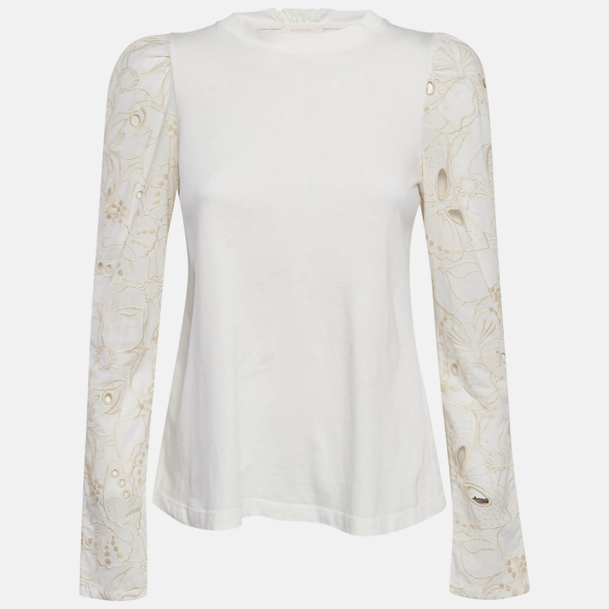 

See by Chloe Powder White Butterfly Embroidered Cotton Top XS