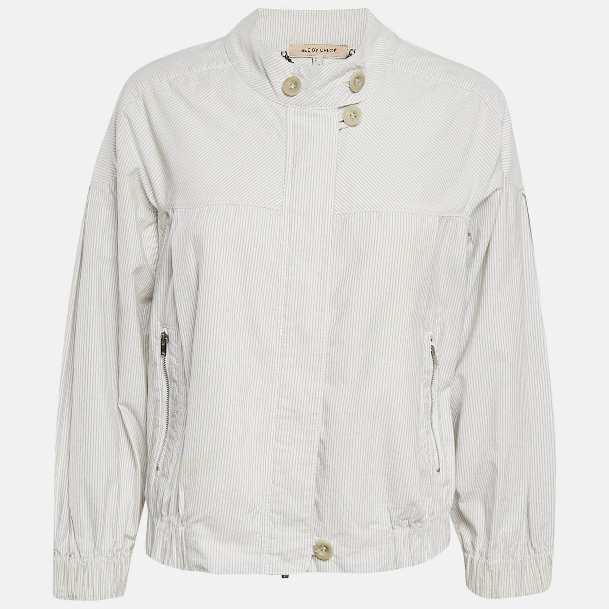 

See by Chloe White Stripe Cotton Zip-Up Jacket M