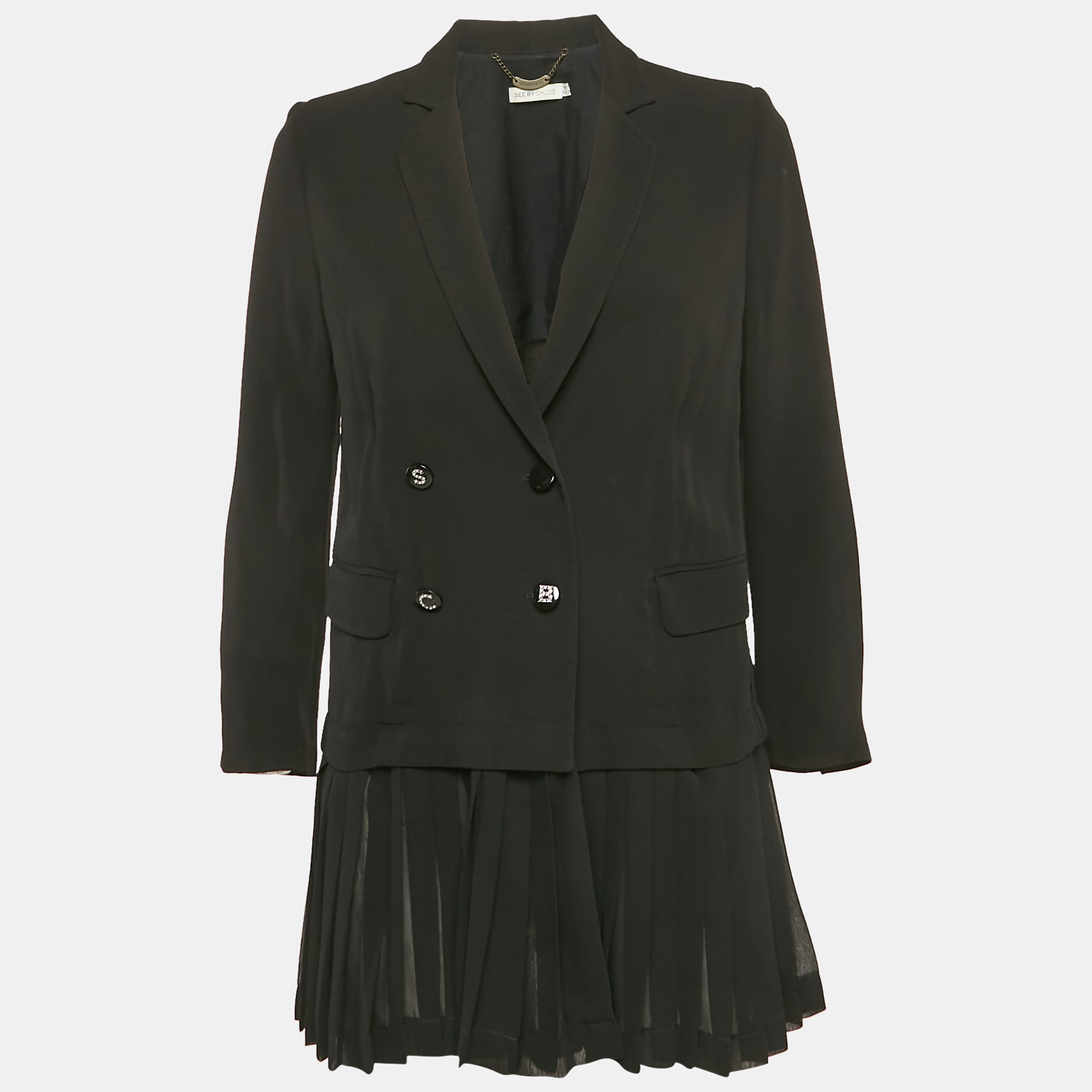 

See by Chloe Black Crepe Detachable Pleated Ruffle Blazer M