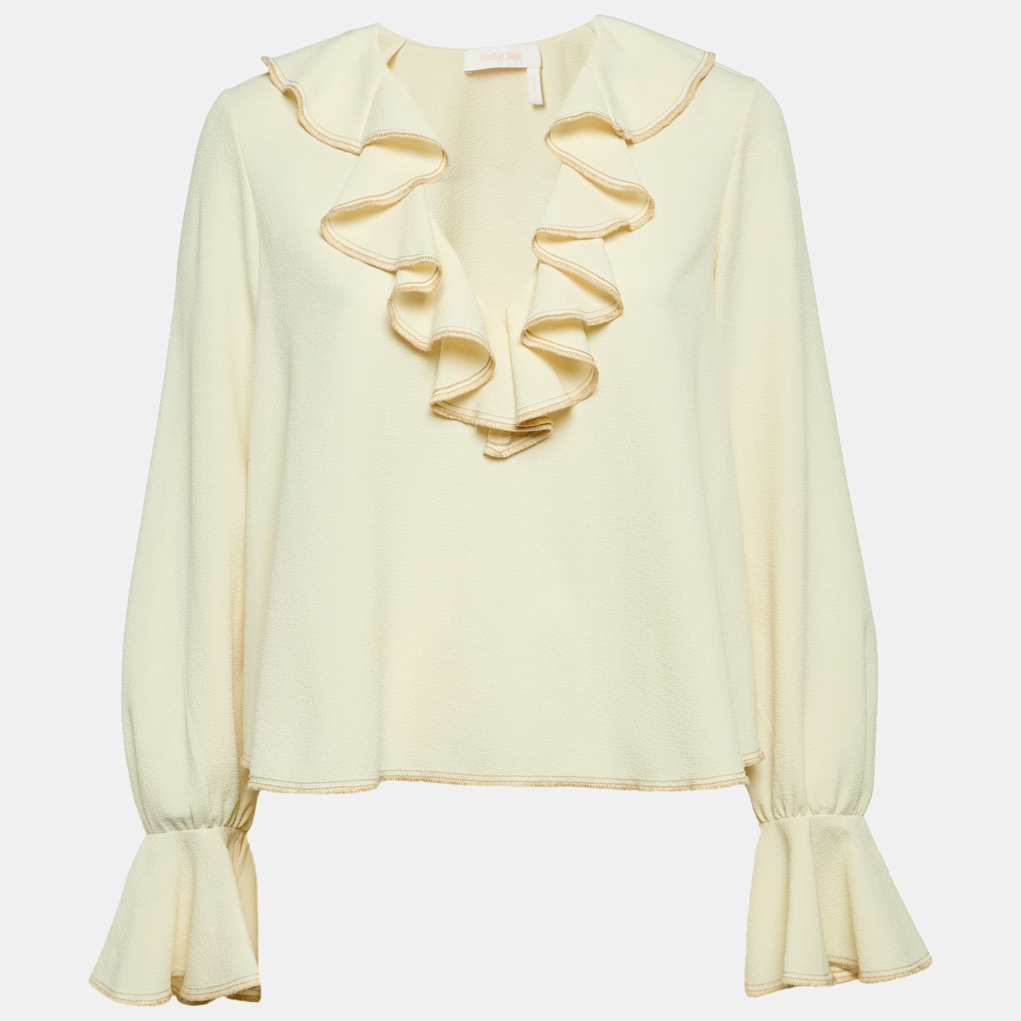 

See by Chloe Cream Textured Crepe Flared Sleeve Top S