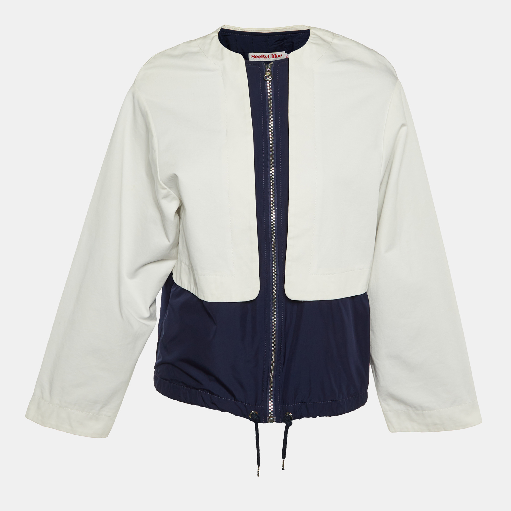 

See by Chloé Navy Blue/White Quilted Cotton Zip Up Jacket S