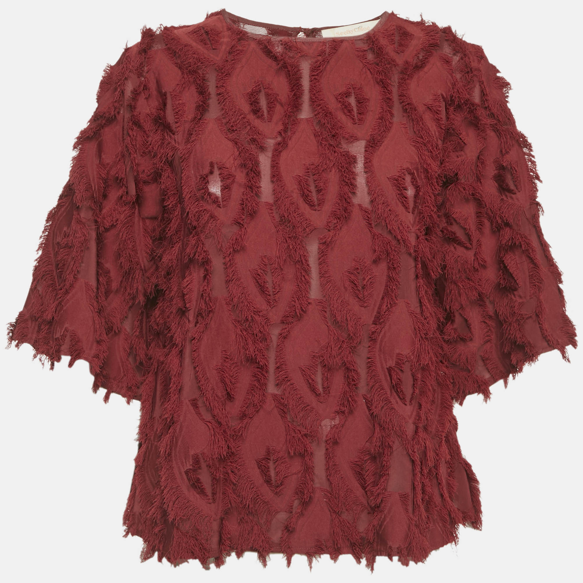 

See by Chloe Dawn Red Fringed Crepe Flared Blouse S