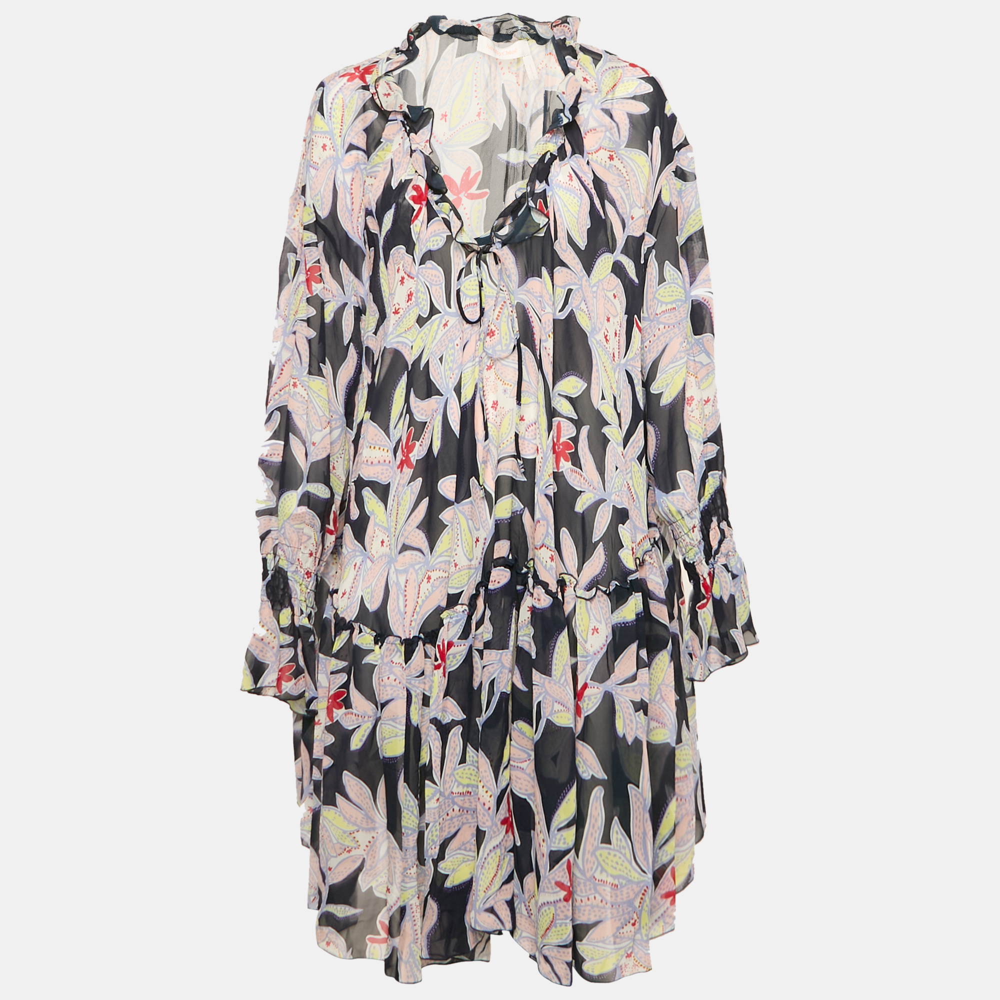 

See by Chloe Blue Floral Print Silk Ruffled Shift Dress XL