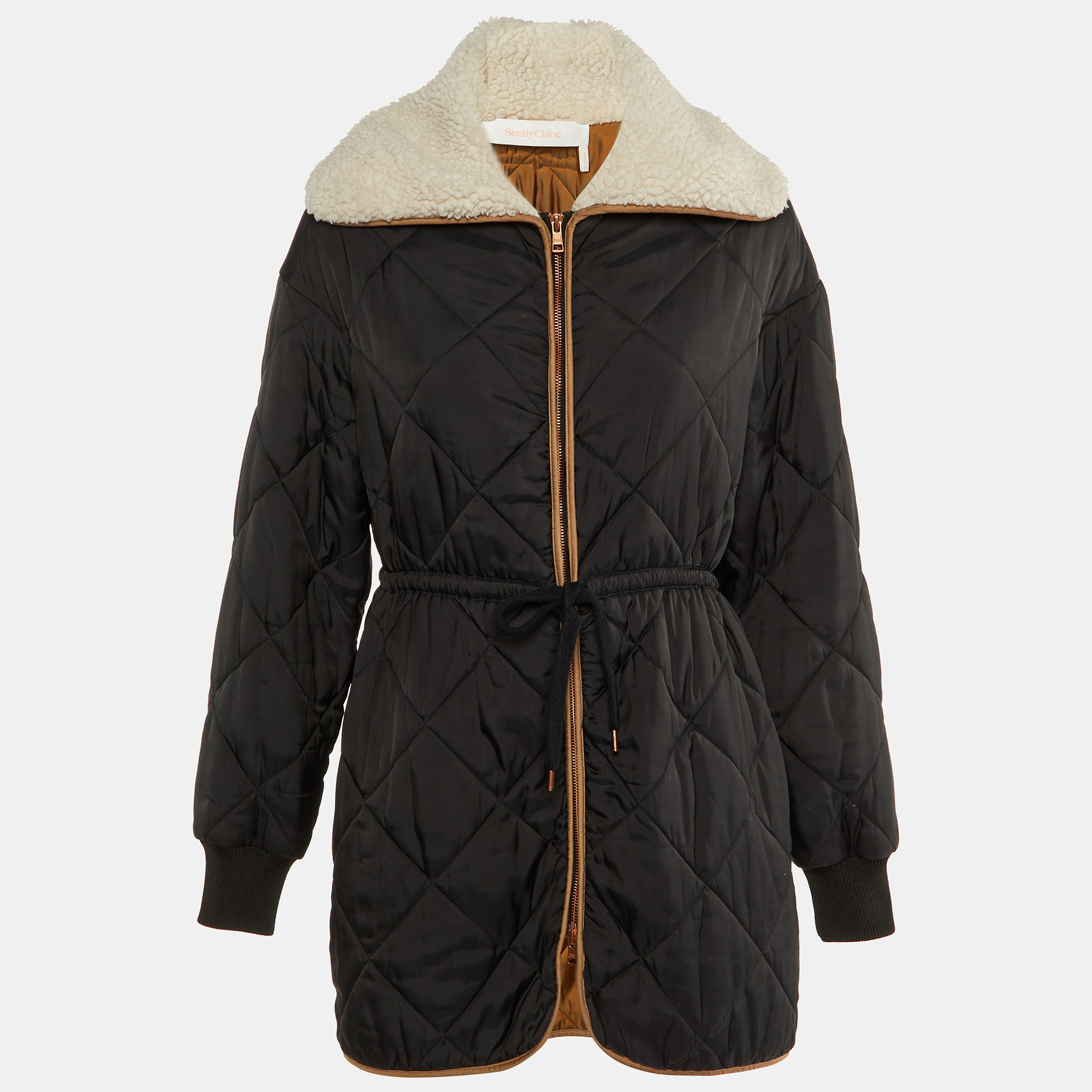 

See by Chloe Black Quilted faux Shearling Collar Long Jacket S