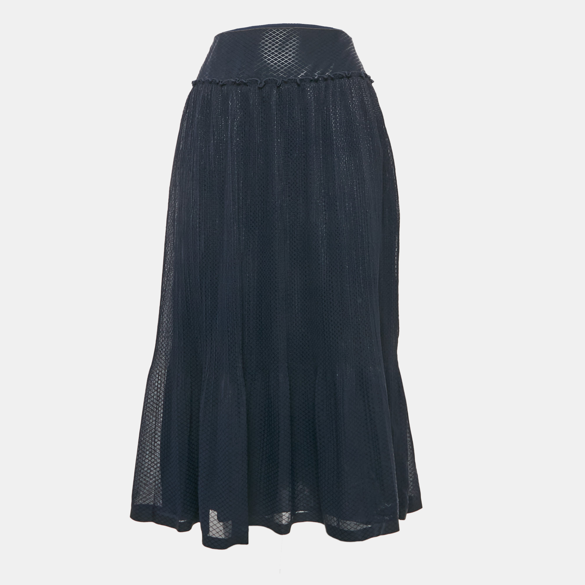 

See by Chloé Navy Blue Checks Chiffon Plisse Midi Skirt M