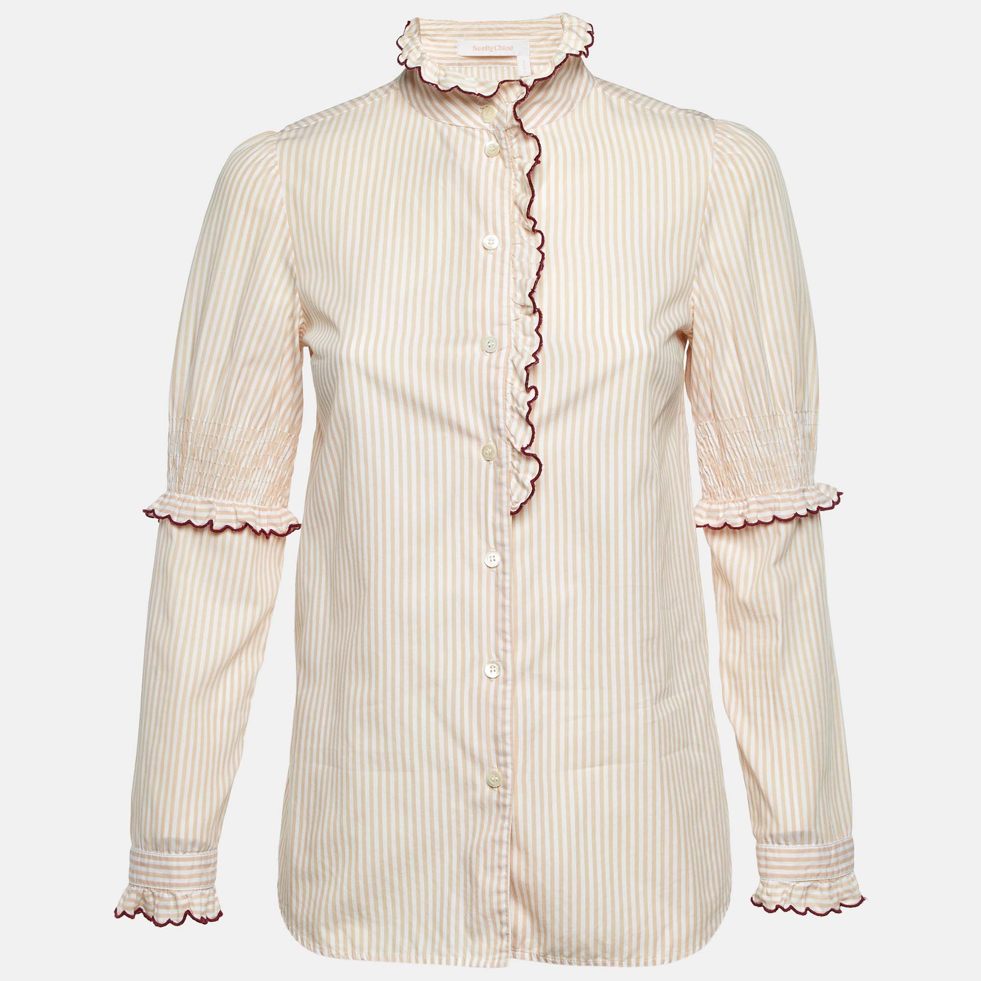 Pre-owned See By Chloé Beige Striped Cotton Ruffled Trim Shirt S