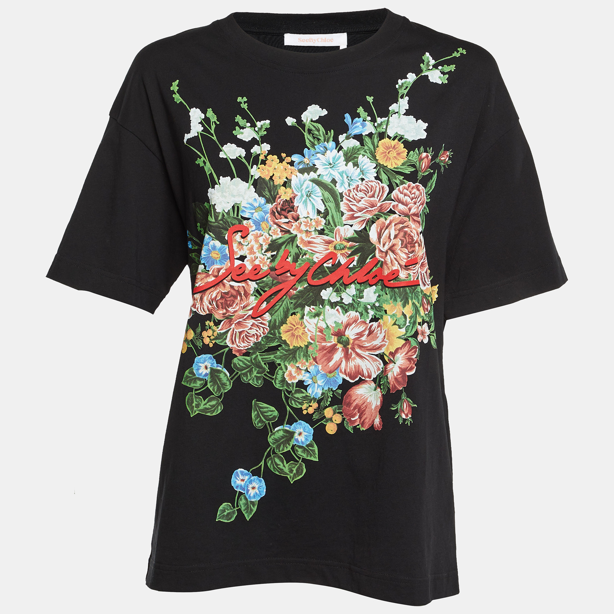 

See by Chloe Black Floral Print Cotton Crew Neck T-Shirt S