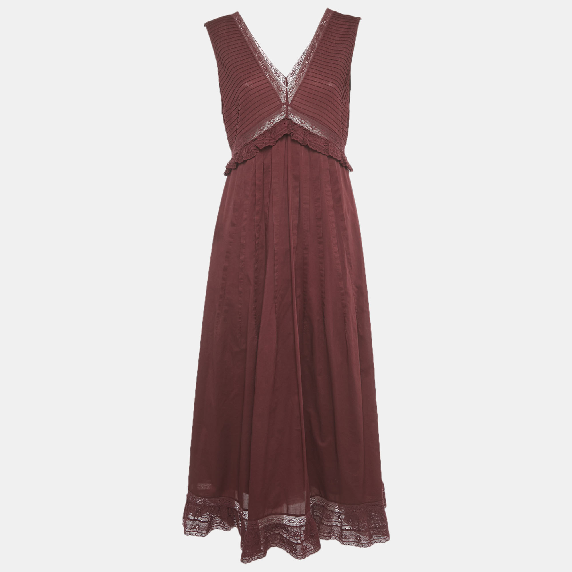 Pre-owned See By Chloé Burnt Mahogany Cotton Ruffled Lace Detail Maxi Dress L In Burgundy