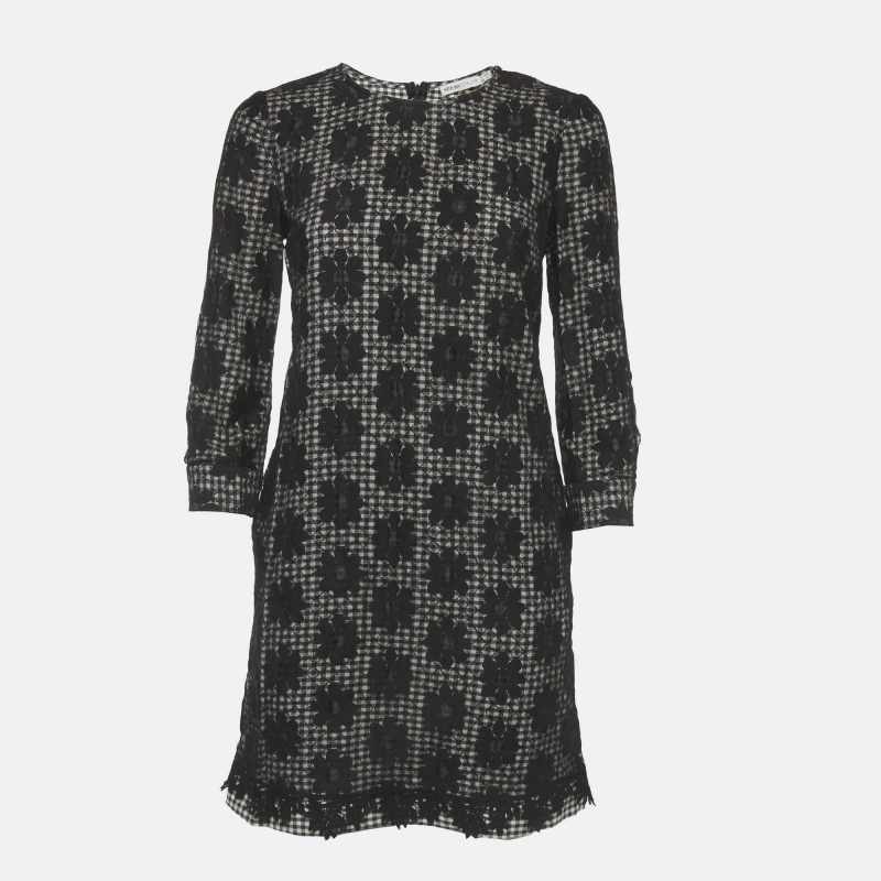 Pre-owned See By Chloé See By Chloe Monochrome Checkered Floral Mesh Overlay Shift Dress S In Black