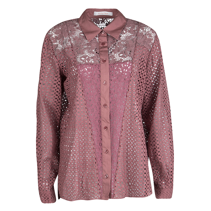Pre Owned See by Chloe Dusty Rose Floral and Eyelet Lace Long Sleeve Shirt L