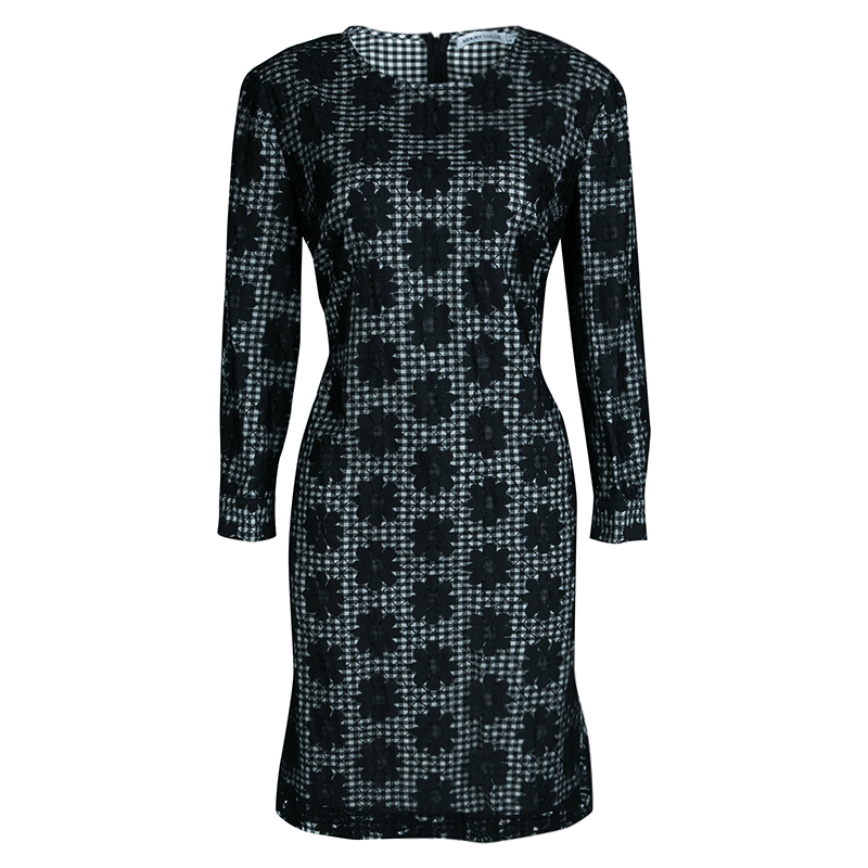 See By Chloe Monochrome Checkered Floral Mesh Overlay Shift Dress L See ...