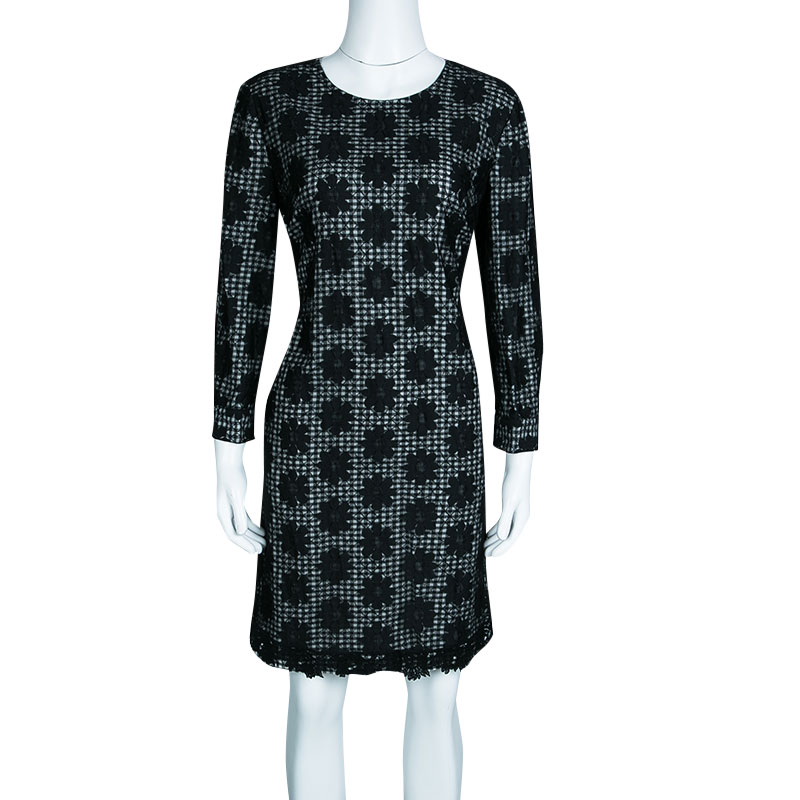 

See By Chloe Monochrome Checkered Floral Mesh Overlay Shift Dress, Black