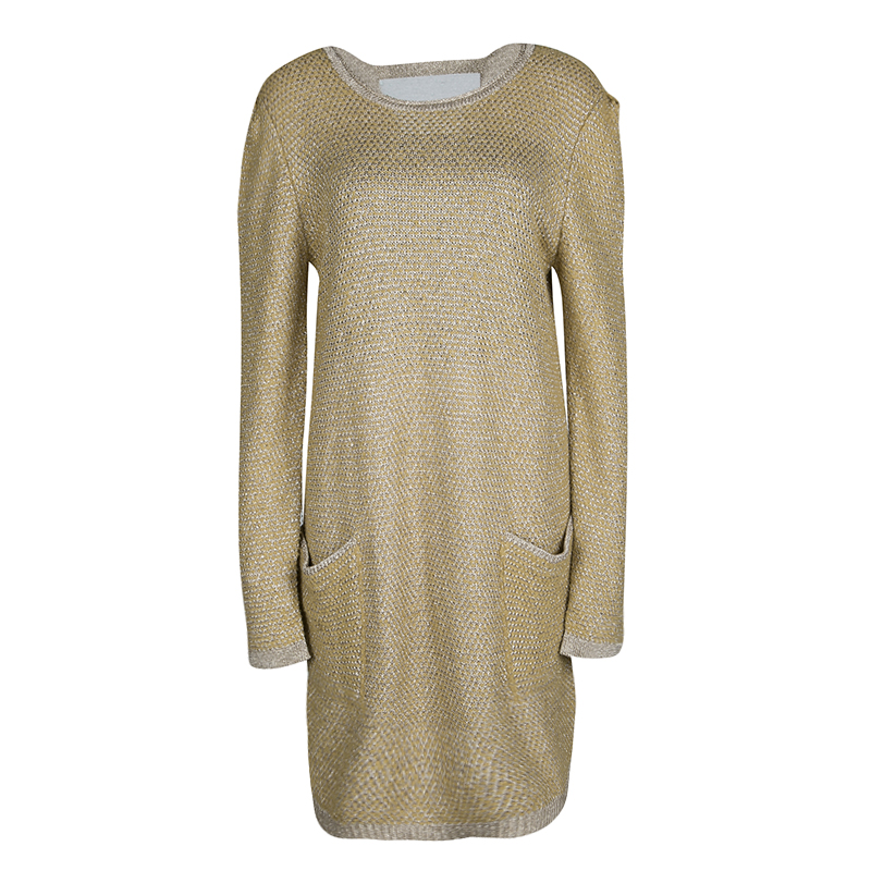 Pre Owned See By Chloe Mustard Yellow and Gold Long Sleeve Chunky Sweater Dress XL