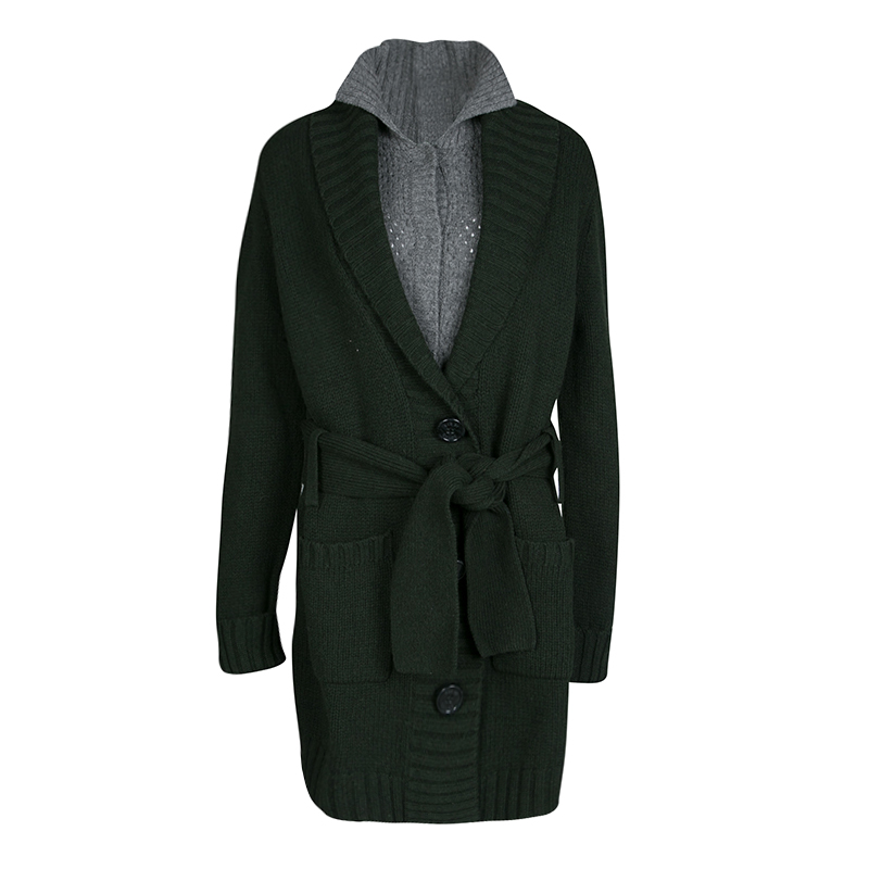 Pre Owned See By Chloe Olive Green and Grey Faux Layer Belted Long Cardigan M