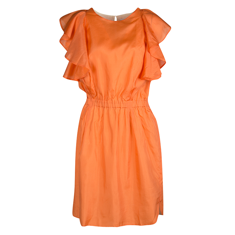 Pre Owned See By Chloe Orange Silk Ruffled Sleeve Gathered Waist Dress M