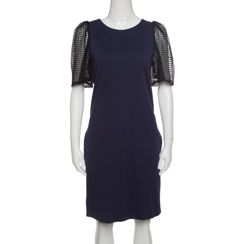 

See by Chloe Navy Blue Jersey Contrast Lace Sleeve Dress