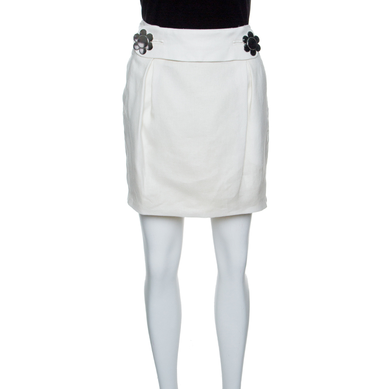 Pre Owned See By Chloe Off White Linen Flower Button Detail Mini Skirt S