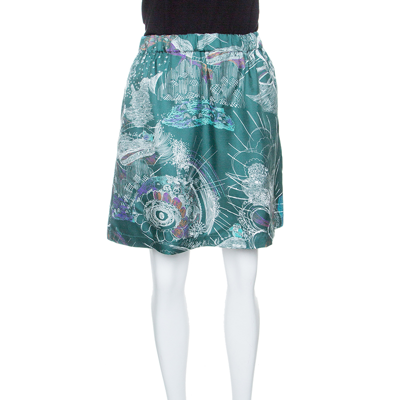 Pre Owned See By Chloe Green Printed Silk Elasticized Waist Skirt M