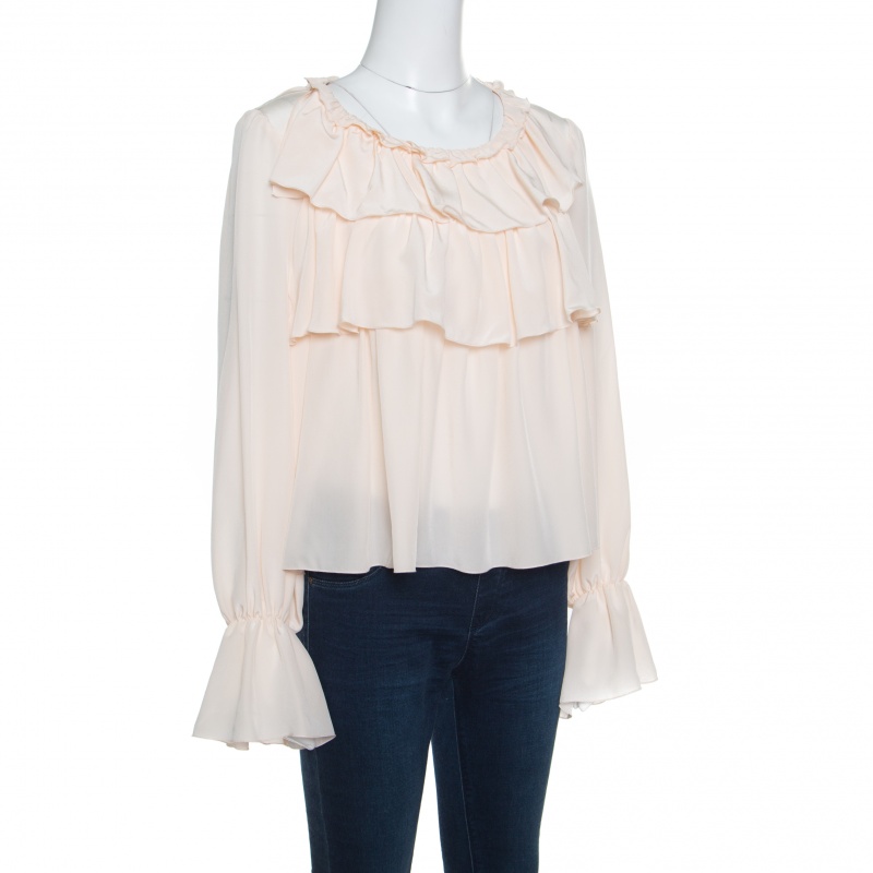 

See by Chloe Sheer Pastel Pink Silk Tiered Ruffle Detail Blouse