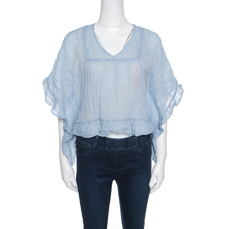 See By Chloe Blue and White Crinkled Cotton Ruffled Trim Top S
