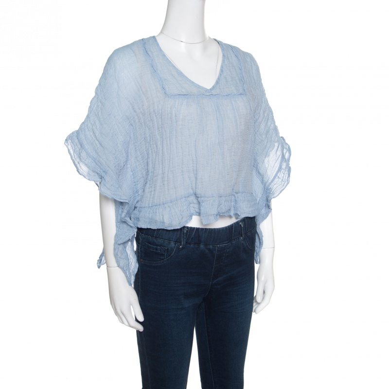 

See By Chloe Blue and White Crinkled Cotton Ruffled Trim Top