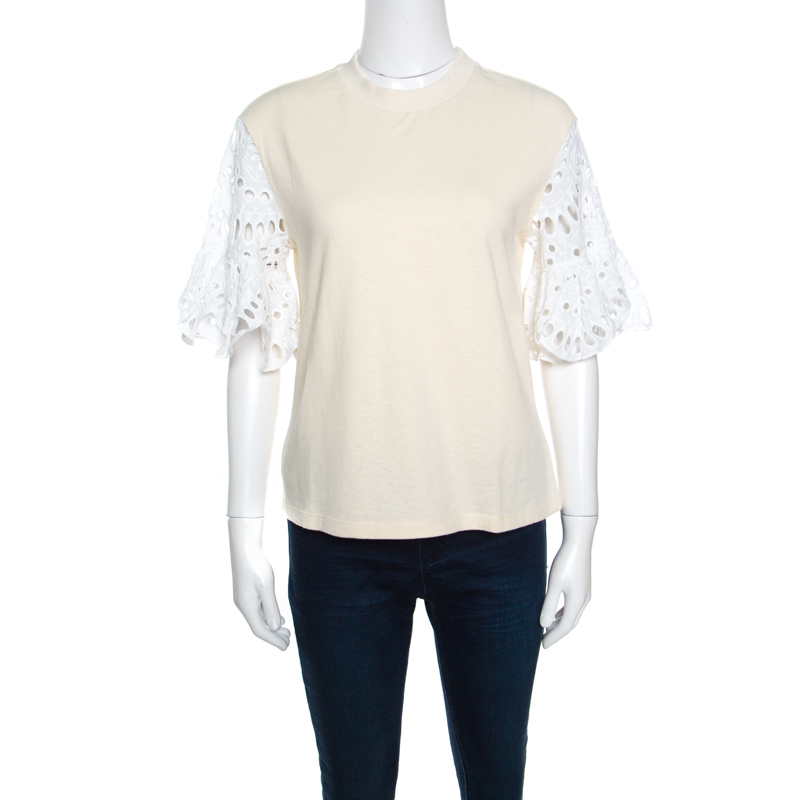 See by Chloe Butter Cream Jersey Contrast Eyelet Sleeve Detail Top S