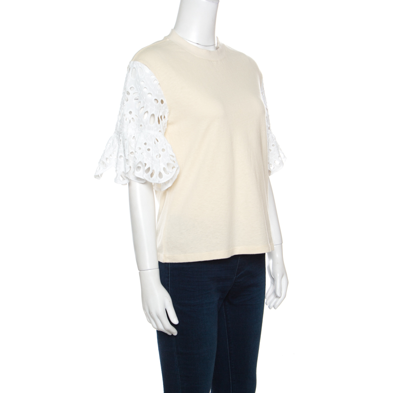 

See by Chloe Butter Cream Jersey Contrast Eyelet Sleeve Detail Top