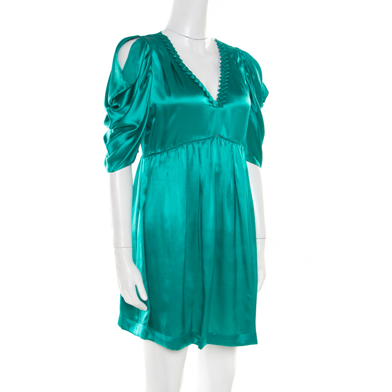 

See by Chloe Green Plunge Neck Applique Detail Satin Dress