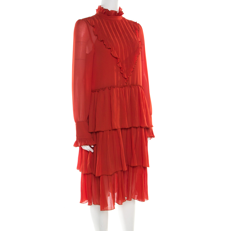 

See By Chloe Earthy Red Ruffled Tiered Long Sleeve Dress