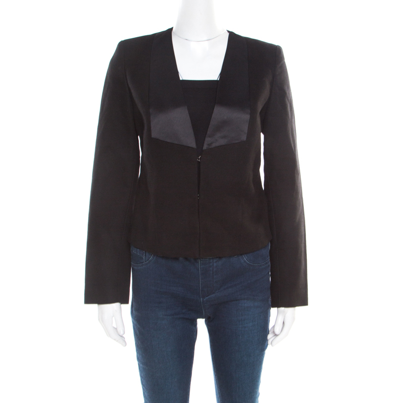 See by Chloe Black Textured Cotton Satin Faux Lapel Collarless Blazer S
