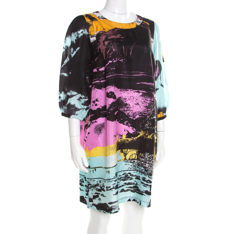 

See by Chloe Multicolor Abstract Printed Silk Long Sleeve Shift Dress