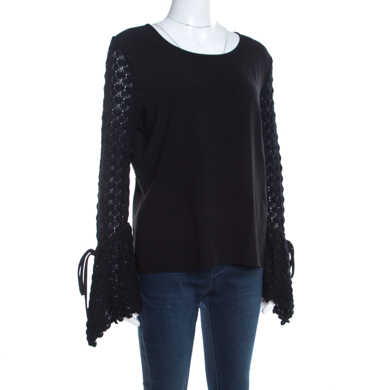 

See by Chloe Black Knit Flared Crochet Sleeve Detail Top