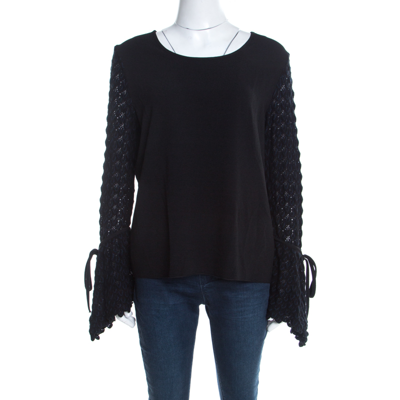 See by Chloe Black Knit Flared Crochet Sleeve Detail Top L