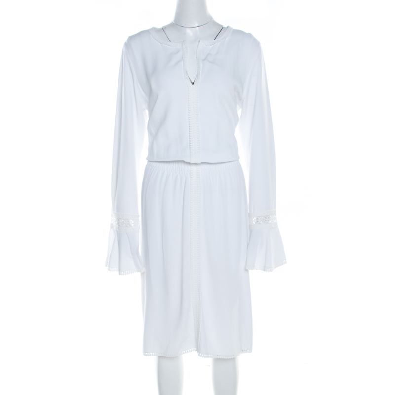 See By Chloe White Powder Lace Trim  Long Sleeve Smocked Waist Dress L