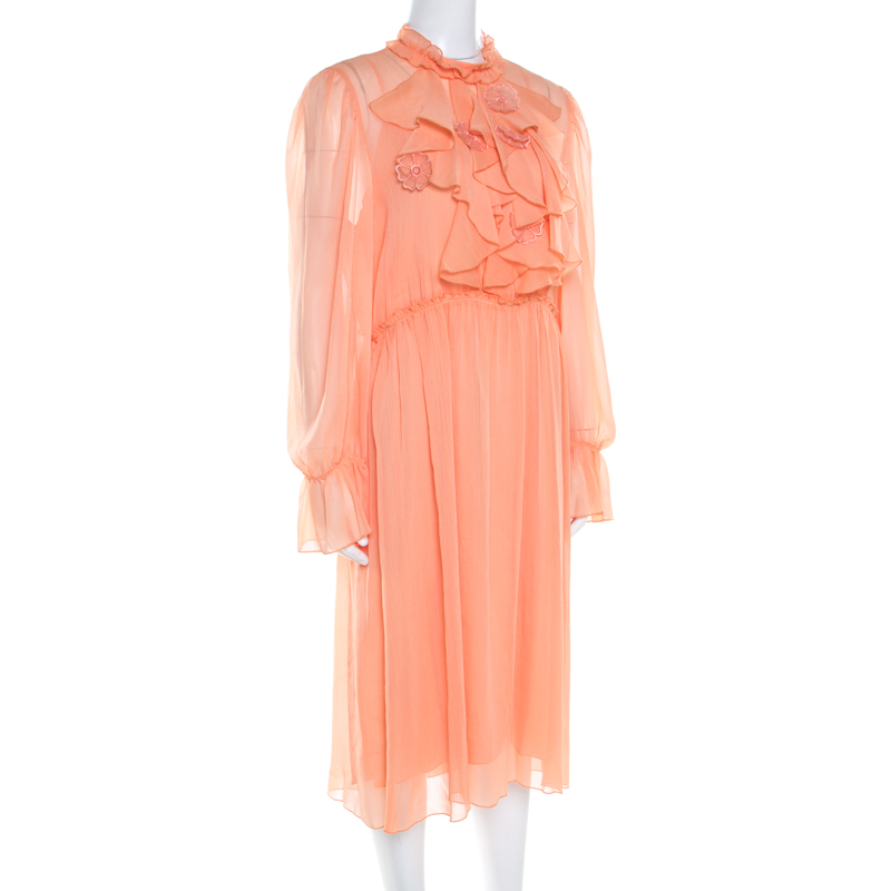 

See by Chloe Evening Orange Crepe Georgette Floral Appliqué Ruffled Midi Dress