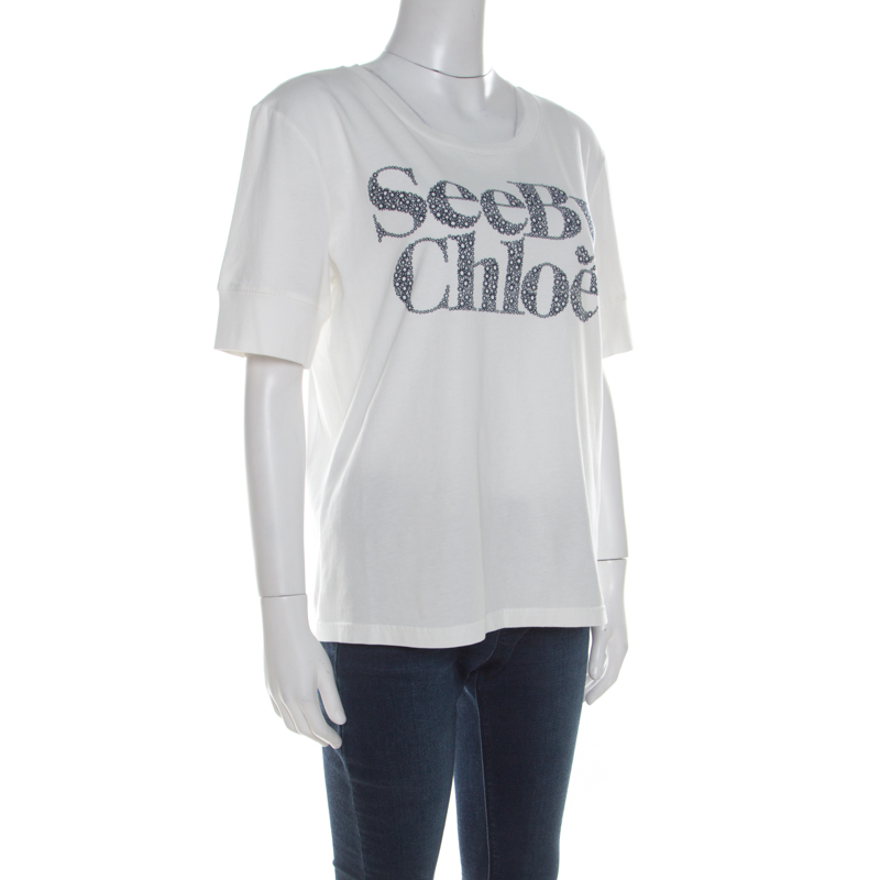 

See by Chloe Off White Floral Logo Print Cotton Cloud Dancer T-Shirt