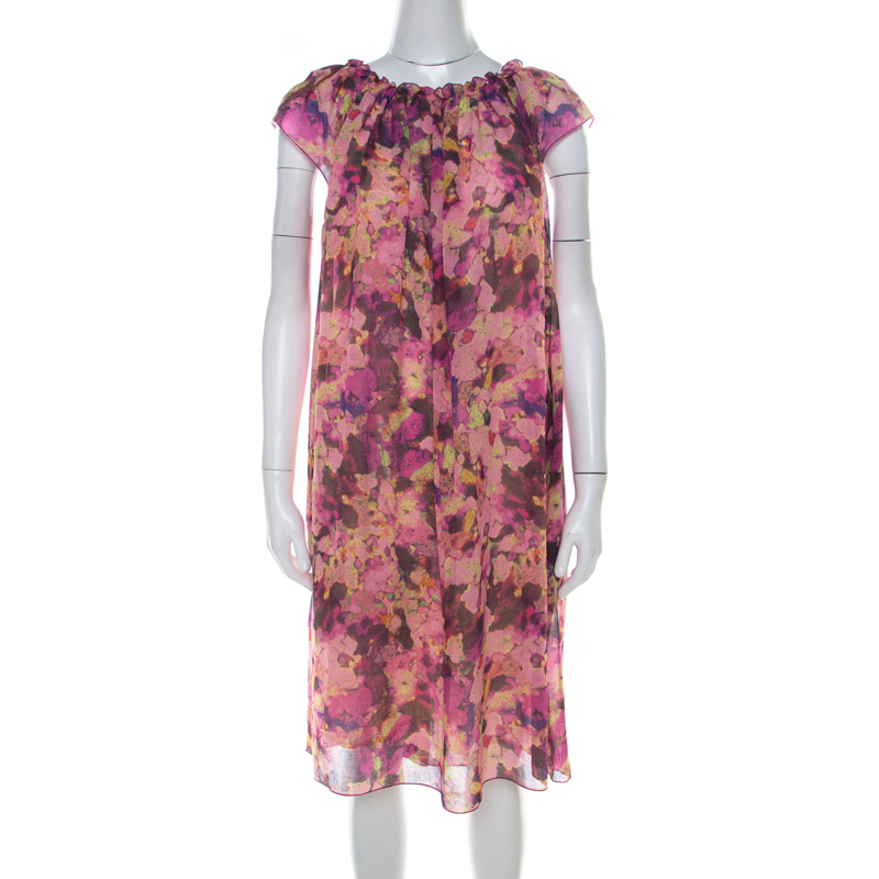 See by Chloe Pink Floral Print Crepe Ruffled Neck Shift Dress M See by ...