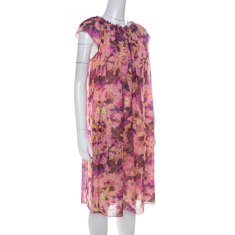 

See by Chloe Pink Floral Print Crepe Ruffled Neck Shift Dress