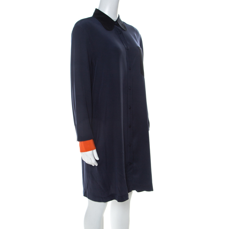 

See by Chloe Navy Blue Silk Orange Cuff Colorblock Detail Shirt Dress