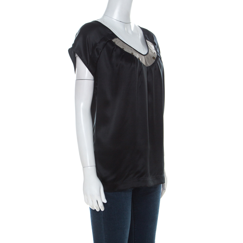 

See by Chloe Black Silk Satin Oversized Short Sleeve Top