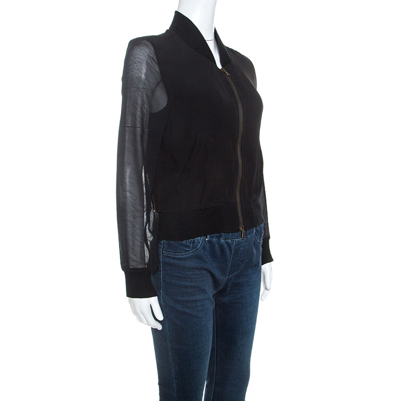 

See by Chloe Grey Crepe Sheer Sleeve Zip Front Jacket, Black